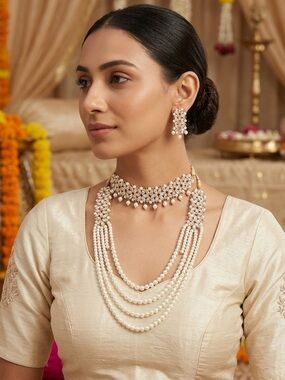 Pearl Multi-Strand Choker Necklace Set - Ivory